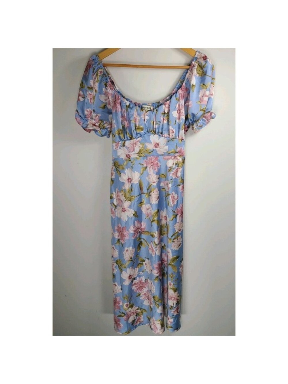 Women's Blue Floral Maxi Dress Size L Puff Sleeve Square Neck Cottagecore EUC